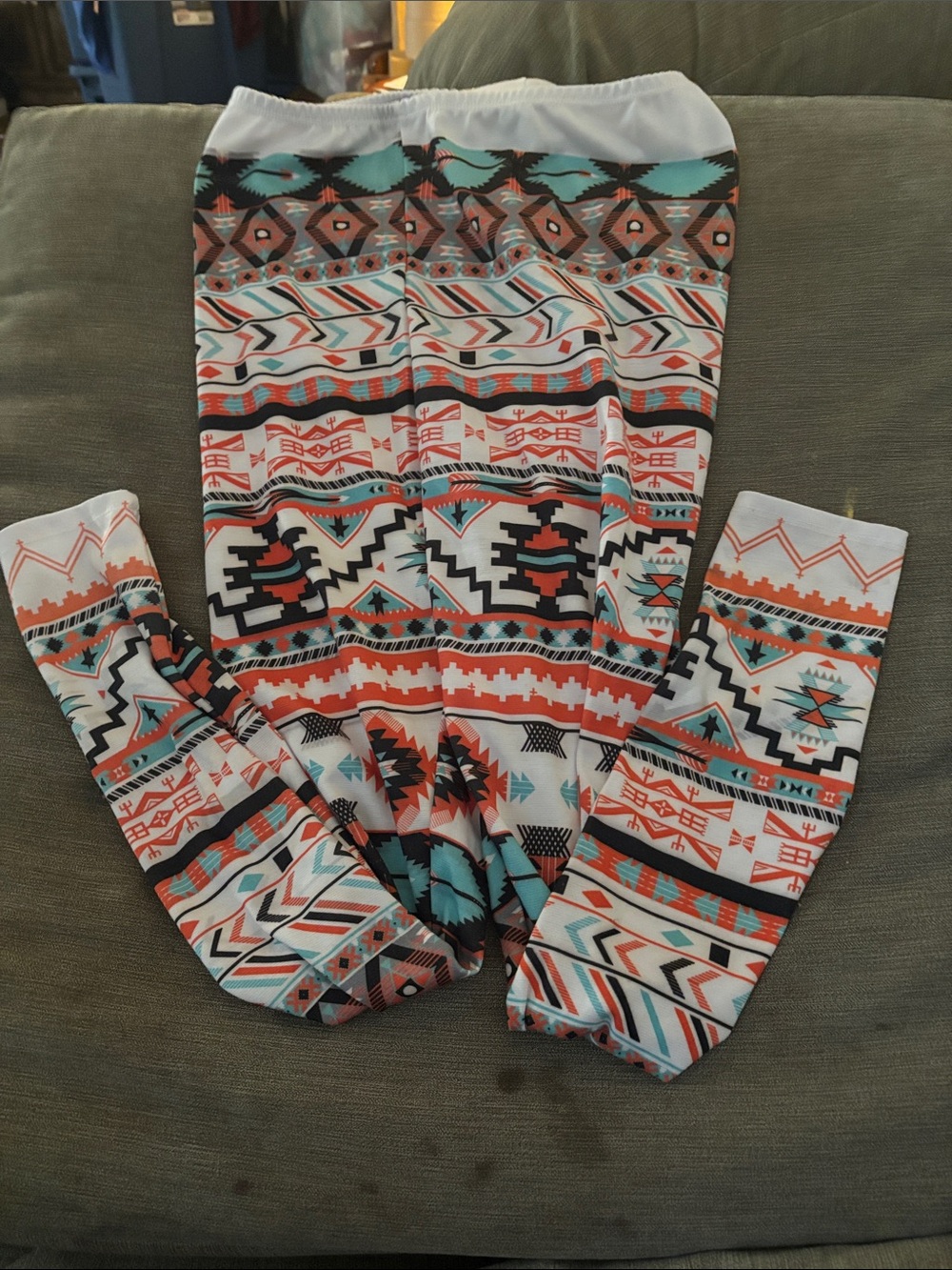 Women’s Tribal Print Leggings - White, Turquoise & Orange XL Poliana Plus